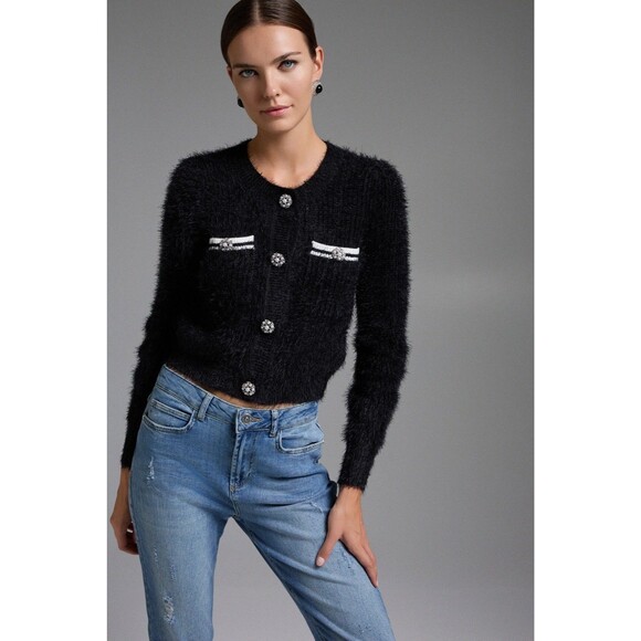 New BSB Collection Cardigan fringes jewel buttons Black Sweater Sz M Occasion - Picture 7 of 8